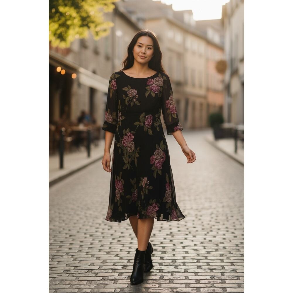 5584)Talbots Silk 4 Black Floral Rose Print Feminine 3/4 Sleeve Whimsigoth Dress